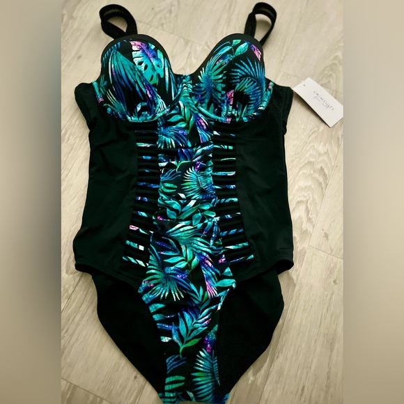 Swimsuit 1 PC NWT Swimsuits For All Black Blues Tropical Print Mallot SZ 12 - Picture 4 of 7